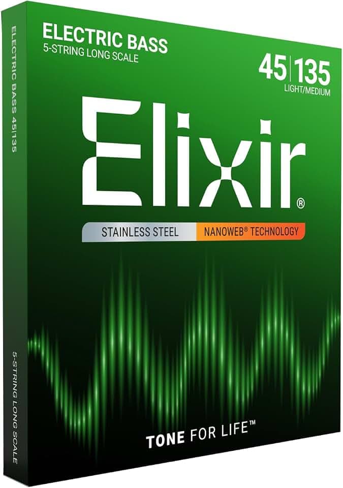 Elixir® Saiten Stainless-Steel 5-str. E-Basssaiten mit NANOWEB® Beschichtung, Long Scale, Light/Medium (.045-.135)