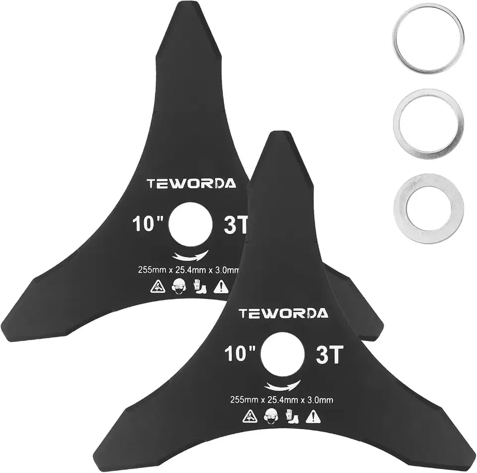10" x 3 Teeth Brush Cutter Blades for Weedeater, 2-Set Carbon Steel Trimmer Blades, Arbor 1" with 7/8"-20mm-5/8 Washers
