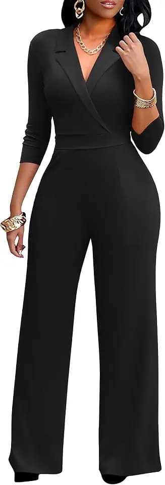 FANDEE Jumpsuits for Women Dressy Formal Lapel Collar Wide Leg Rompers