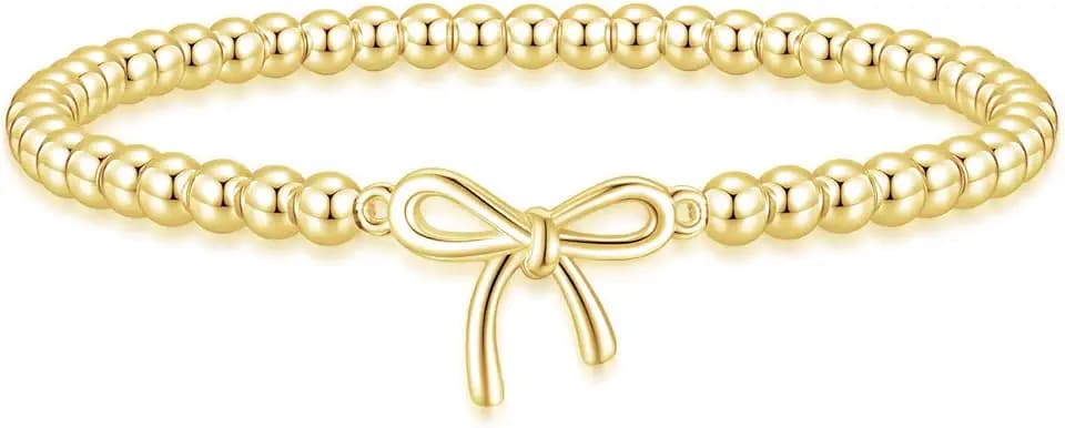 Beaded Bracelets for Women 14K Silver Gold Plated Stretch Handmade Ball Bracelets Cute Charm Bracelet Dainty Stackable Cross Heart Bow Wave CZ Circle Trendy Jewelry Easter Gifts