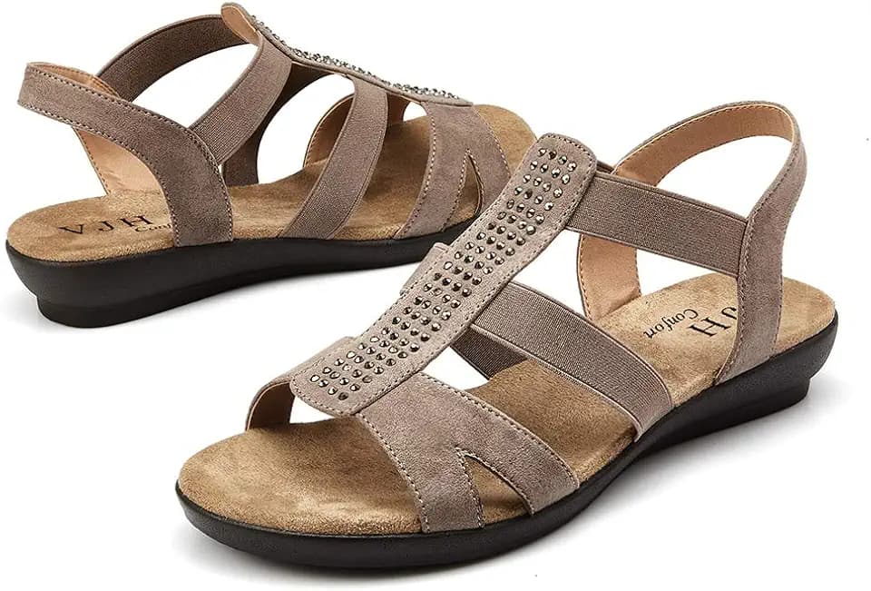 VJH confort Women's Comfort Flat Sandals Summer,with Rhinestone Open Toe Elastic Slip On Slingback Casual Walking Low Heele Sandals