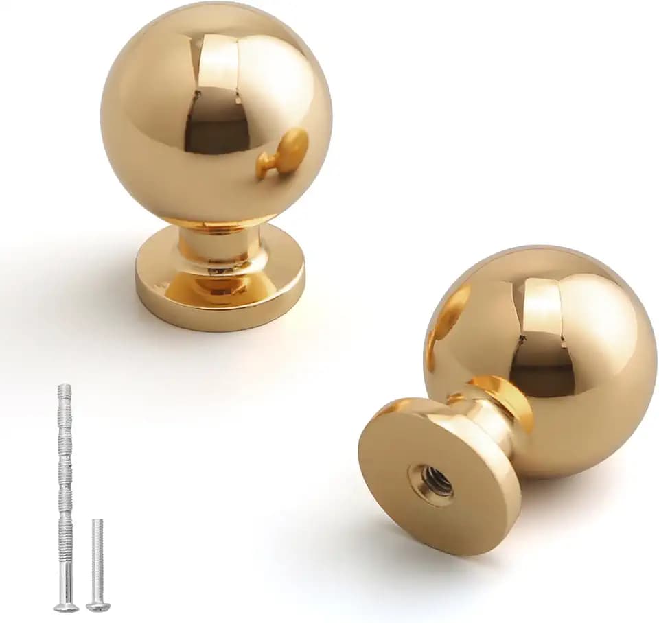 YAGU Modern 5 Pack Round Polished Brass Kitchen Drawer Knobs Bright Gold Cabinet Pulls Furniture Hardware for Cupboard Door Wardrobe Closet Dresser