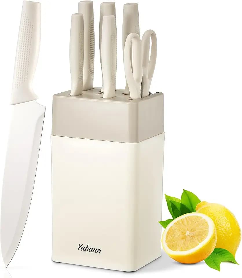 Yabano Messerblock Set, 7 teilig Messerset mit Messerblock und integriertem Messerschärfer,Küchenmesser Set mit Kunststoffblock (Weiß)