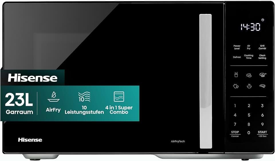 Hisense H23MOBS5HC Mikrowelle /23 L/900W/AirFry/4 in 1 Super Kombination/Memory Funktion/Mehrstufiges Garen/Auto Programme/10 Leistungsstufen/Quick Start/Auftaufunktion/Kindersicherung/Schwarz