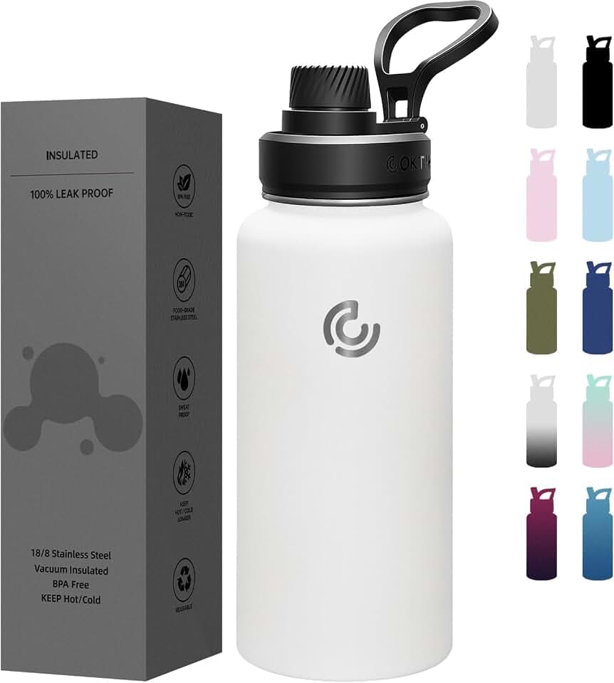 Sports Water Bottle 32oz, Insulated Water Bottle with Handle,Stainless Steel,Simple Modern,Suitable for Travel, School, Boy, Girl(White)