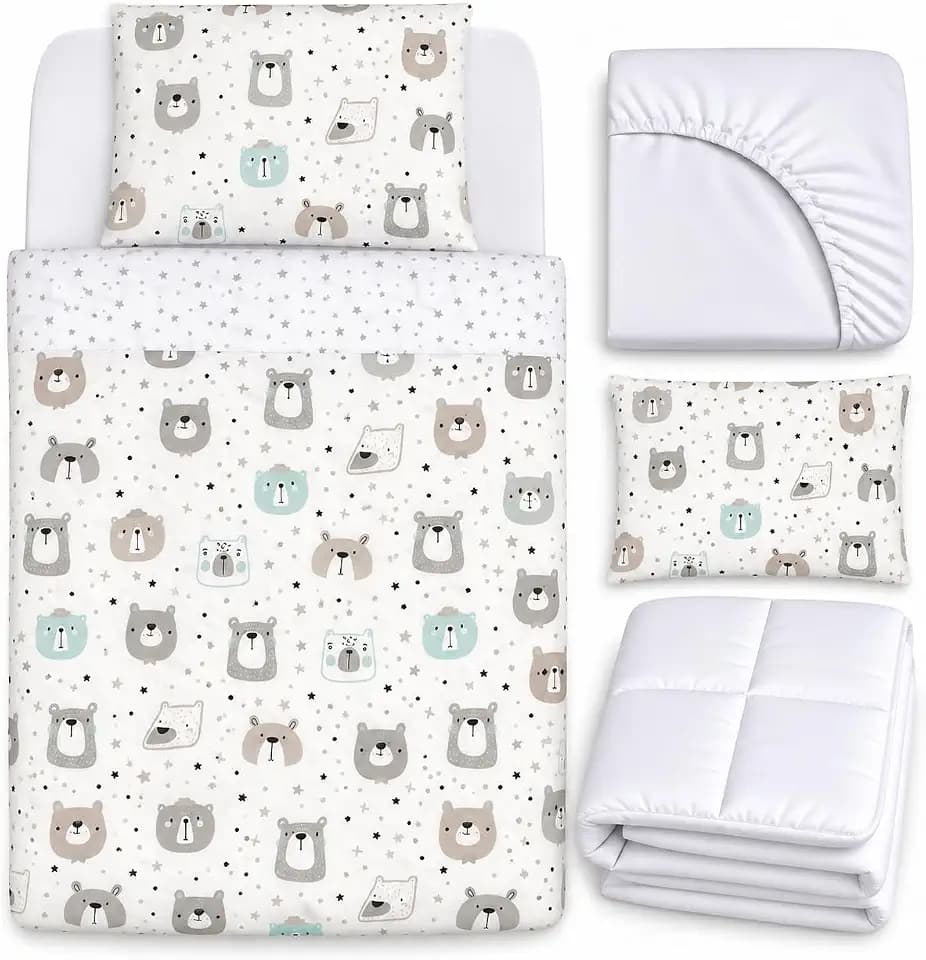 FlyIdeas Next 2 Me Beistellbett Bettwäsche-Set 83x50 cm, 4 STK. Mit Bettdecke - Spannbettlaken Babybett für Next to me und Matratzen 50x83 und ähnlich, 100% Baumwolle Zertif