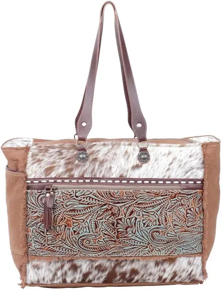 Myra Bag Juniper Cowhide Purse - Large Cowhide Purses for Women, Floral Tooled Leather Accent, Fringes, Western Style