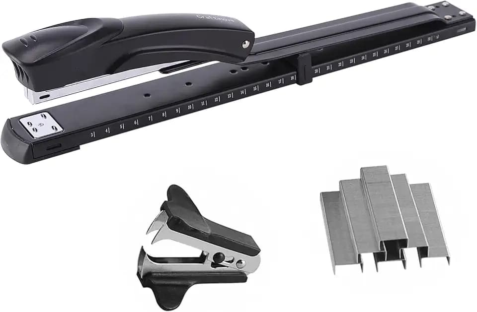 Long Reach Stapler,with 2000 Staples & Stapler Remover Full Strip，20-25 Sheet Capacity,with Built-in Ruler and Adjustable Locking Paper Guide, Gray