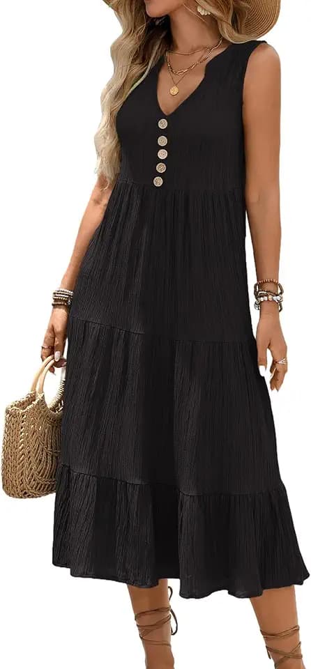 HELYO Women's Casual Summer Dress 2026 Sleeveless V Neck Button Beach Sundress Tiered Ruffle Flows Skirt Midi Dresses