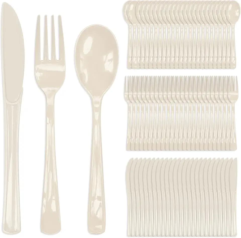 150 Pcs Ivory Plastic Cutlery Set Disposable Ivory Heavy Duty Plastic Knives Forks and Spoons Silverware Utensils Set for 50 Guests Birthday Wedding Party Disposable Flatware Sets