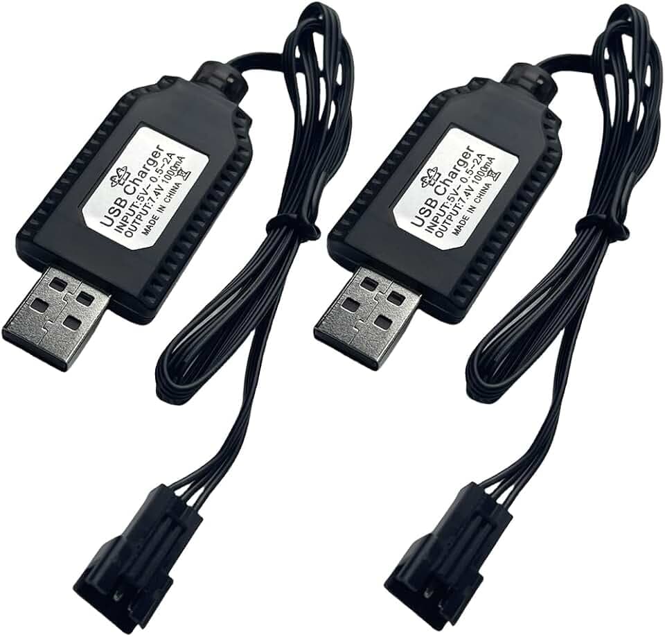 [2 Pack] BaiWeiDun 7.4V USB Charger Cable with SM-3PIN Plug Compatible RC Car and Plane for Universal 7.4V Battery USB Charger with Battery Protection [Battery Not Included]
