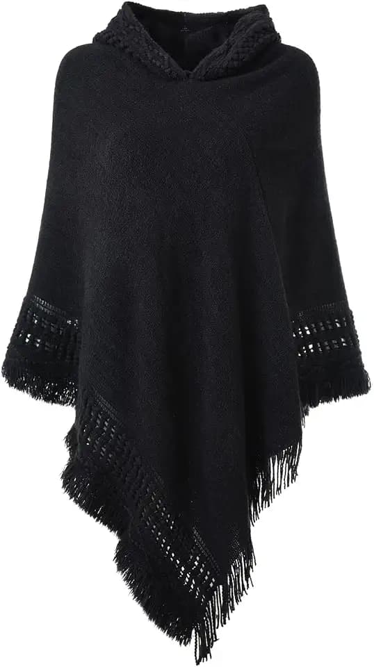 Ferand Damen Poncho mit Kapuze und gehäkeltem Cape mit Fransensaum für Herbst Winter