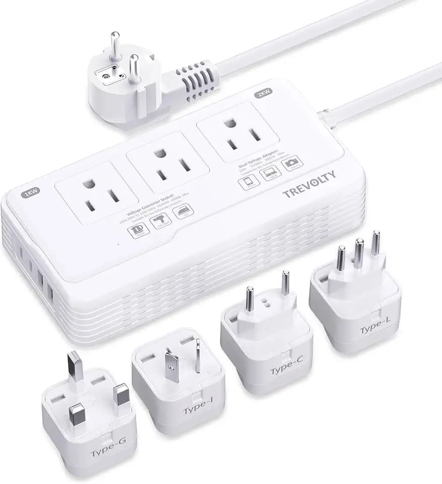 2000W Voltage Converter US to Europe for Hair Dryer, 220V to 110V Converter for European Travel with 3 AC 2 USBC 2 USBA Ports, European Travel Plug Adapter with Type C/G/I/L (White)