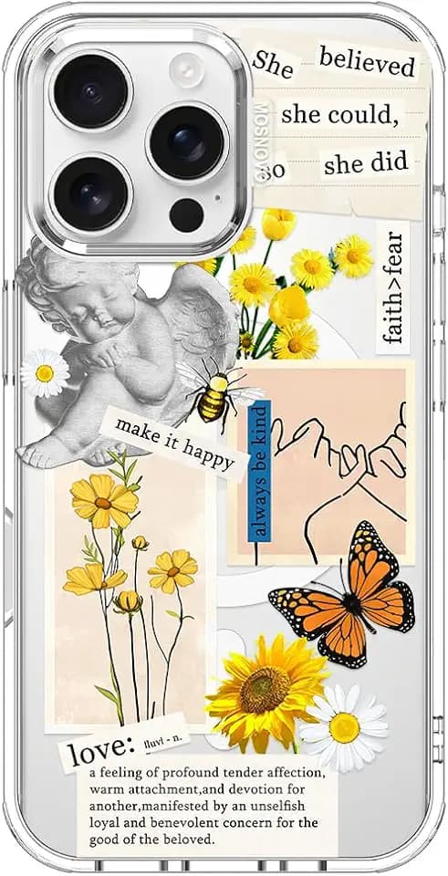 MOSNOVO Case for iPhone 16 Pro Max, [Compatible with Magsafe] [Buffertech 6.6ft Military-Grade Drop Protection] [Anti Peel Off Tech] Clear Phone Case Design - Vintage Collage Art