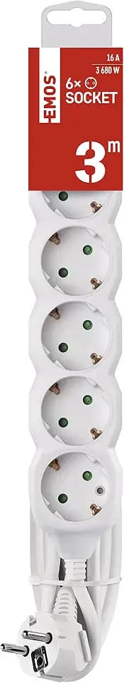 EMOS - 6-Fach Steckdosenleiste 3m - 6 Schuko-Steckdosen 45° gedreht - 250 V, 16 A, 3680 W - hochwertige PVC-Isolierung - H05VV-F3G 1,5 mm2 - erhöhter Berührungsschutz - IP20 für Innen - weiß