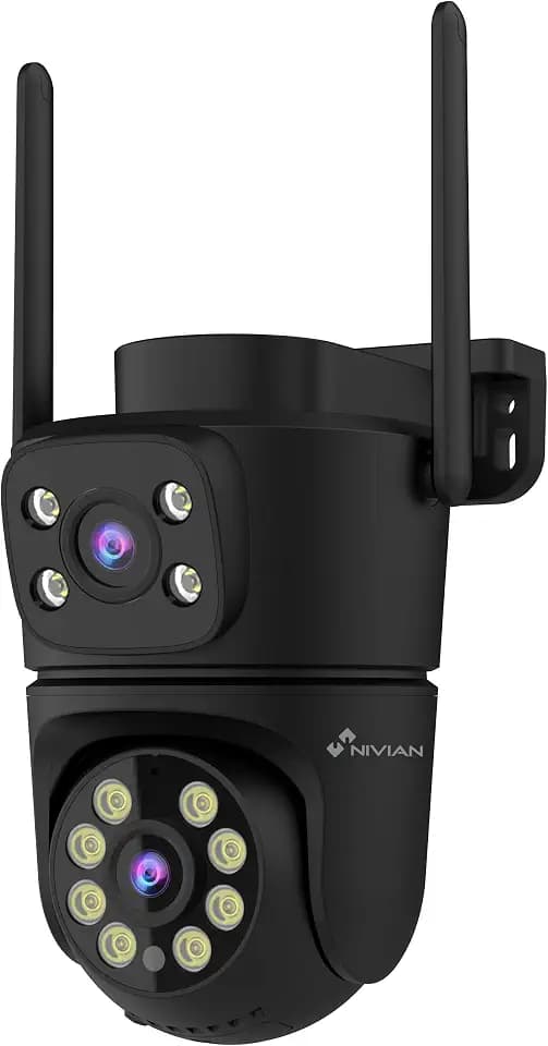NIVIAN Überwachungskamera Außen WLAN Dual 3MP SuperHD 2K mit Doppelobjektiv – Kein Toter Winkel, KI Personenerkennung mit Auto-Tracking, 2-Wege-Audio, IP65 Wetterfest, Tuya App Steuerung (Schwarz)
