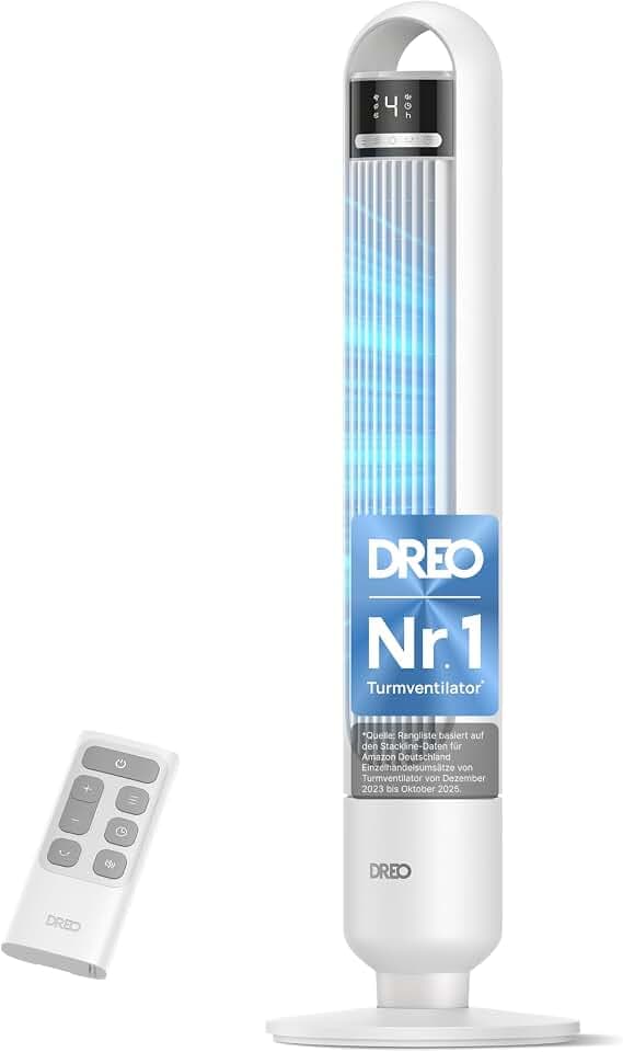 DREO Leiser Turmventilator, Ventilator mit Fernbedienung für Schlafzimmer, Tower Fan mit 4 Geschwindigkeiten, 3 Modi, 9,8 m Windreichweite, 8H Timer, 90° Oszillierend für Wohnzimmer