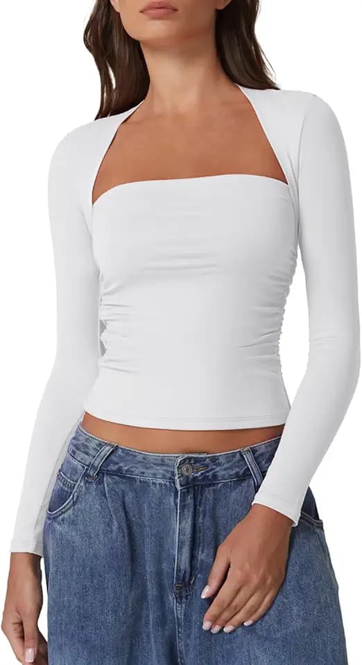QINSEN Long Sleeve Square Neck Tops for Women Double Lined Side Ruching Going Out Shirts Basic Tee