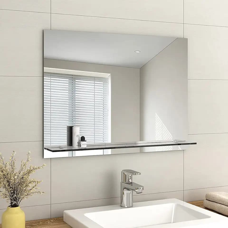 EMKE Rahmenloser Spiegel mit Ablage, Kleiner Badezimmer-Wand-Rasierspiegel mit Aufbewahrung, rechteckiger Schminkspiegel, 80 x 60 cm