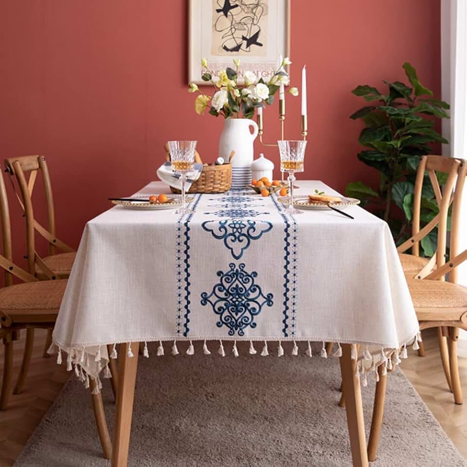 AMZALI Table Cloth Embroidery Damask Pattern Wrinkle Free Heavy Weight Cotton Linen Farmhouse Tablecloth Decorative Fabric Tassel Table Cover for Outdoor and Indoor Use (Square 55 x 55 Inch)