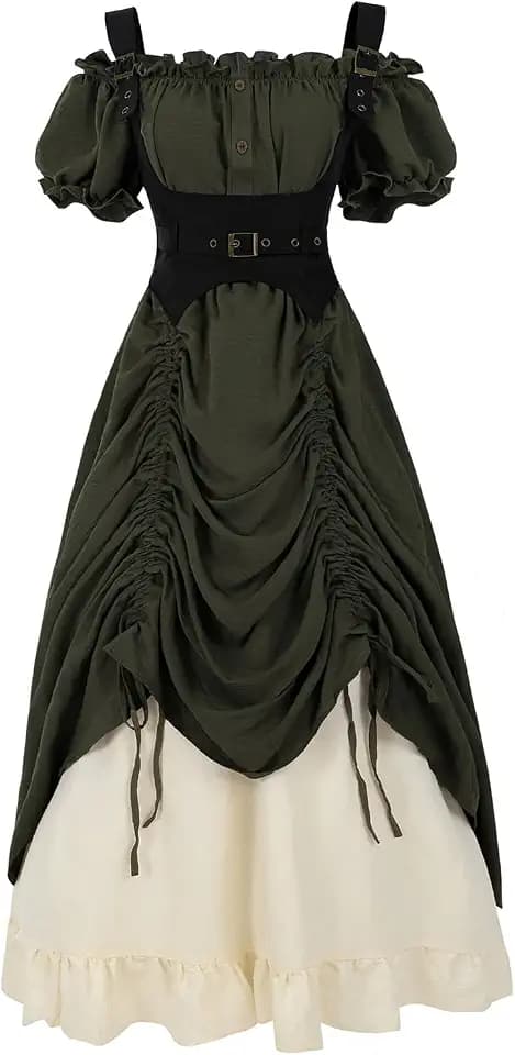 CR ROLECOS Viktorianisches Kleid für Damen, Steampunk-Kostüm, schulterfrei, Rüschen, hoch niedrig, 3-teiliges Renaissance-Blusenrock, Ballkleider