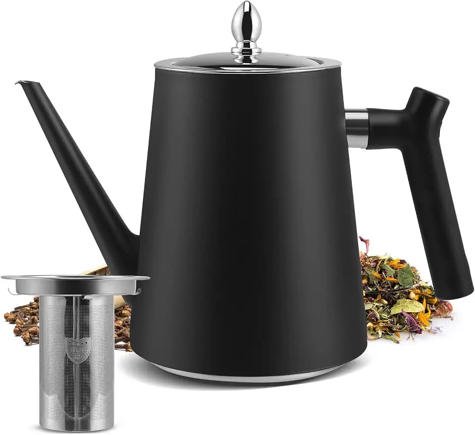 Teekanne Edelstahl mit Siebeinsatz, 1.5L Schwarzer Teekanne mit Hitzebeständigem Griff für Obstkräuter und Infusionstee, Doppelwandig isolierte Edelstahl teekanne Für Tee Kaffee (1)