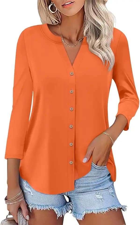 ORANDESIGNE Women's Button Down Shirts V Neck 3/4 Length Sleeve Tops
