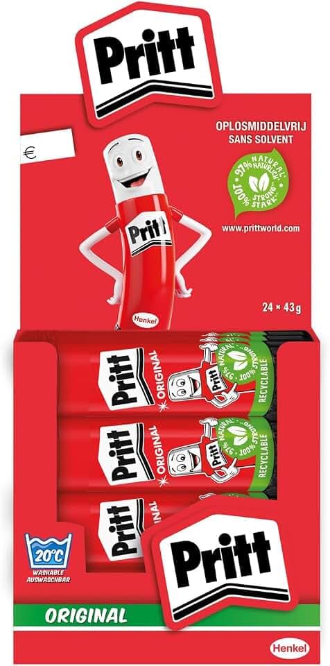 Pritt Klebestift, kinderfreundlicher Kleber für Schule & Büro, 24x43g | 97% natürliche Inhaltsstoffe inkl. Wasser, lösemittelfrei, faltenfreies Kleben, auswaschbar bei niedrigen Temperaturen