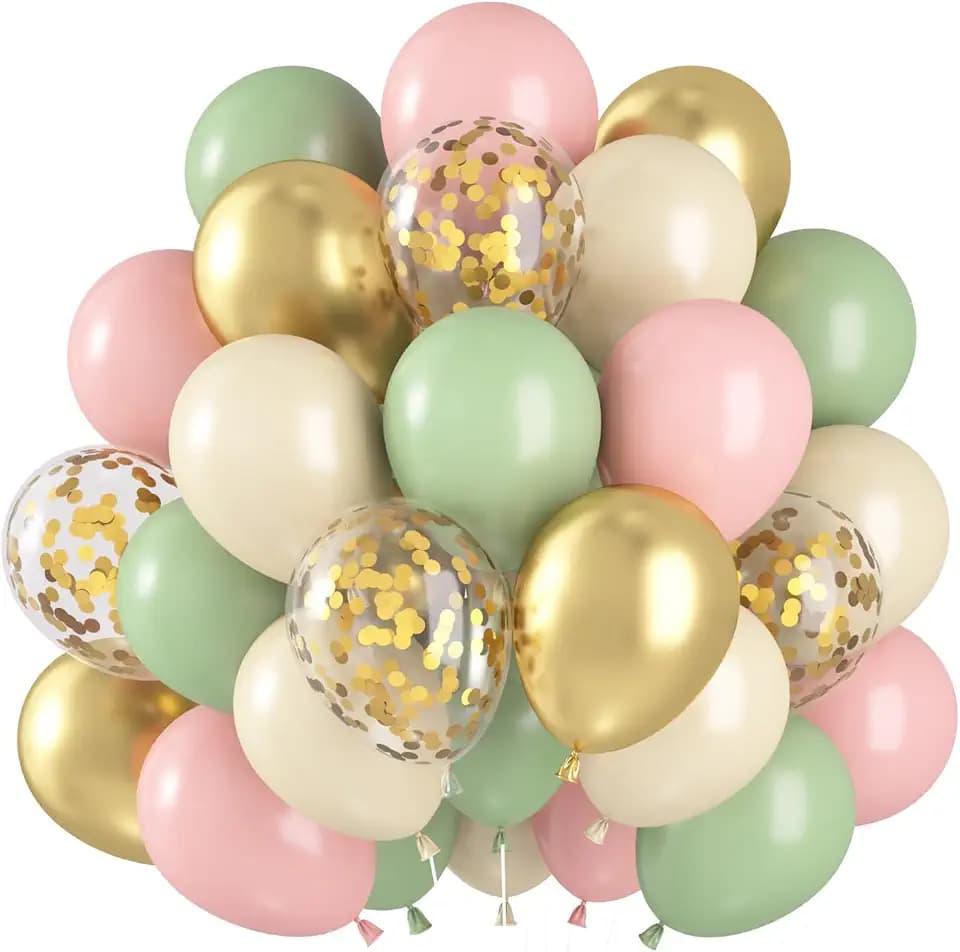 Luftballons Rosa Grün Gold, 60 Stück Luftballons Salbeigrün Rosa, Konfetti Luftballon Grüne Rosas Set, Sage Grüne Rosas Weiß Metallic Gold Ballons für Geburtstag Babyparty Hochzeit JGA Deko