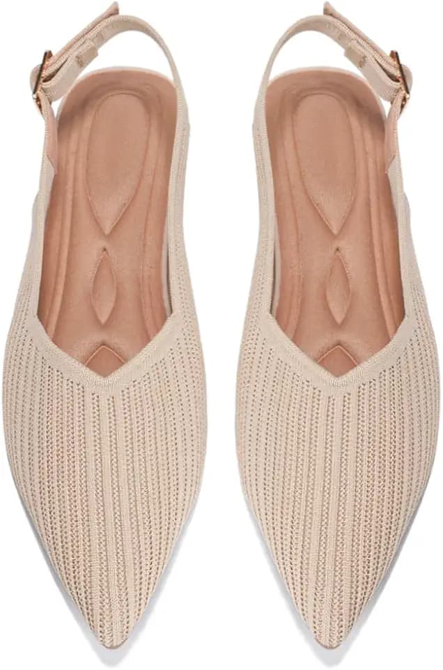 Women's Pointed Toe Knit Ballet Flats with Adjustable Ankle Strap