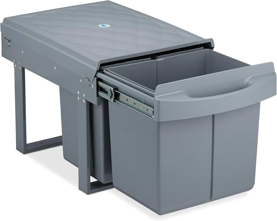 Relaxdays Einbaumülleimer 3-Fach, ausziehbar, Küchenmülleimer für Unterschrank, 15 l & 2X 8 l, 34,6 x 34 x 51,8 cm, grau