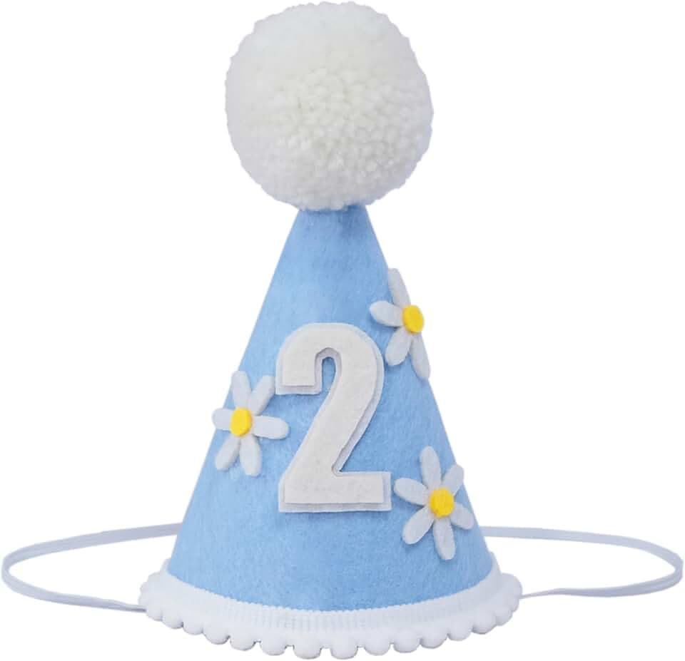 Birthday Party Hat for 6 months Old, Light Blue with White Pom Pom, Daisy Design
