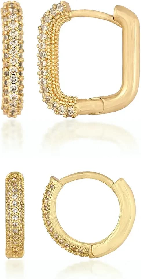 18K Gold Plated Stainless Steel Hoop Earrings Set for Women, Cubic Zirconia Small Huggie Hoop Earrings Combo, Hypoallergenic Tarnish Resistant Lightweight Everyday Jewelry