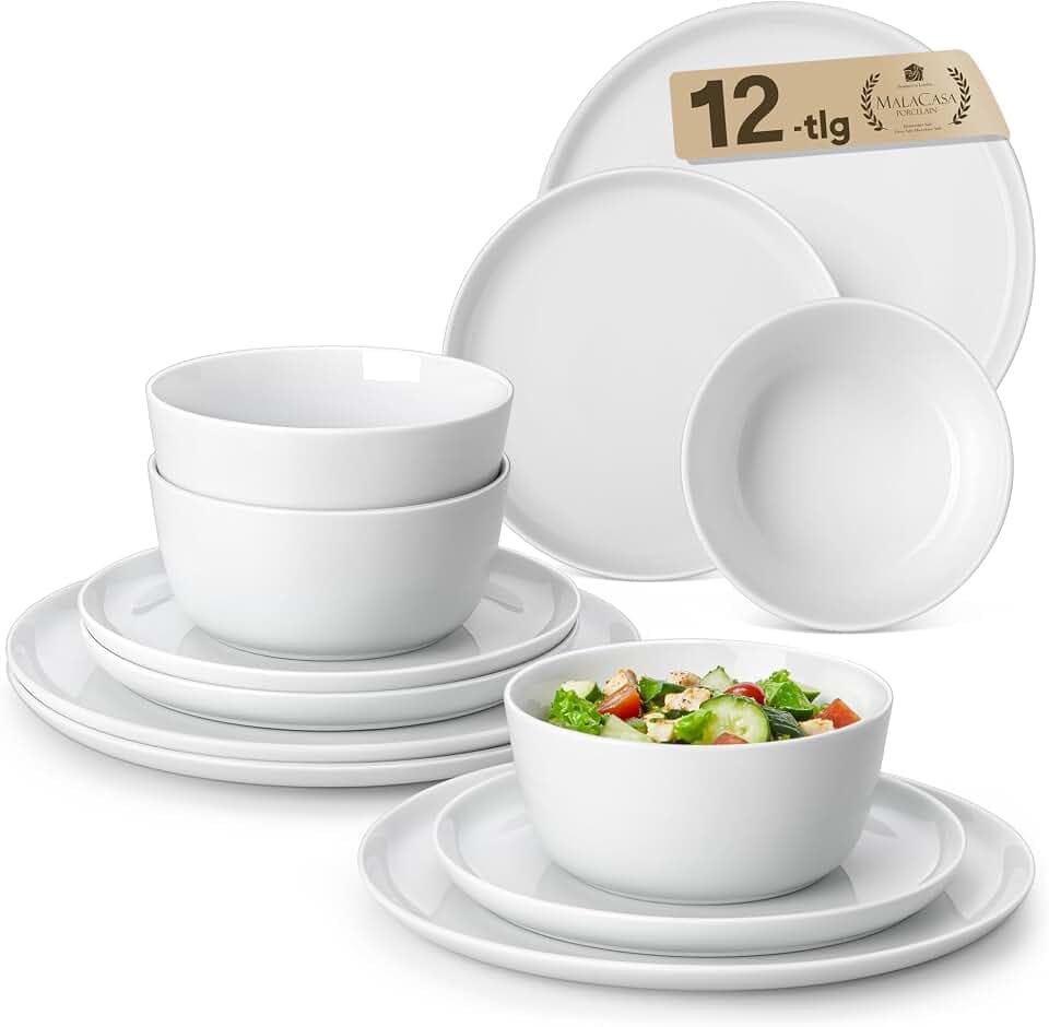 MALACASA Geschirrset 12-teilig, Porzellan Schüssel und Teller Set, Tafelservice 4 Personen, Weiße Speiseteller & Schalen, Rundes Essgeschirr Set, Spülmaschinen- & Mikrowellengeeignet, Serie LEXI
