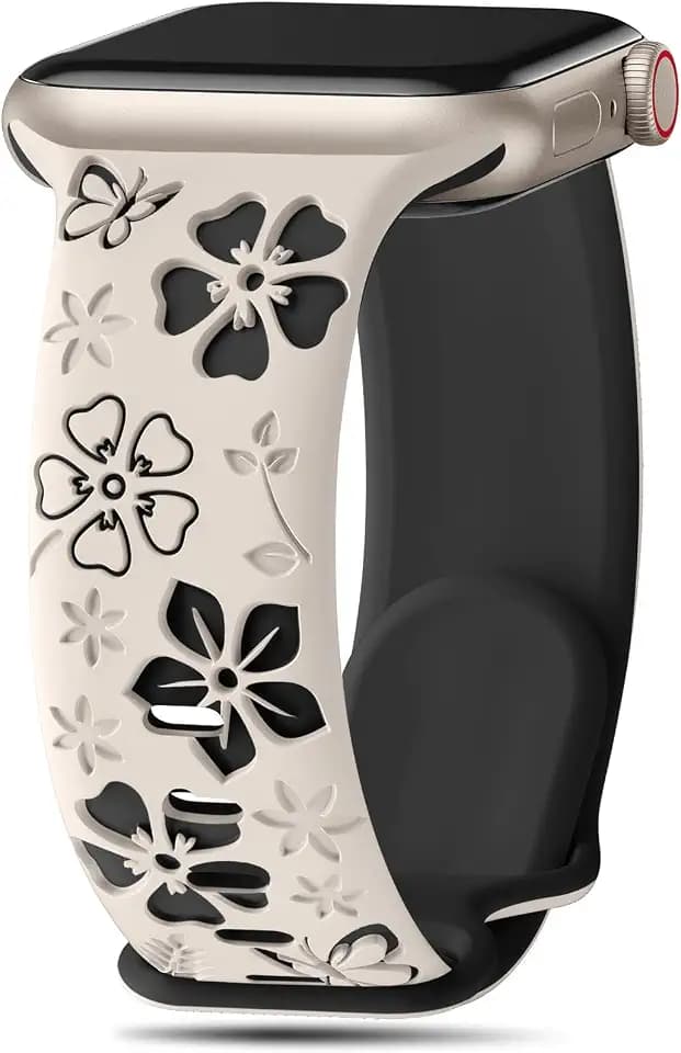 Floral Engraved Band Compatible with Apple Watch Band Women 40mm 38mm 41mm 42mm 44mm 45mm 46mm 49mm, Soft Silicone Two-Tone Flower Sport Strap for iWatch Series 10 9 8 7 6 5 4 3 2 1 SE Ultra