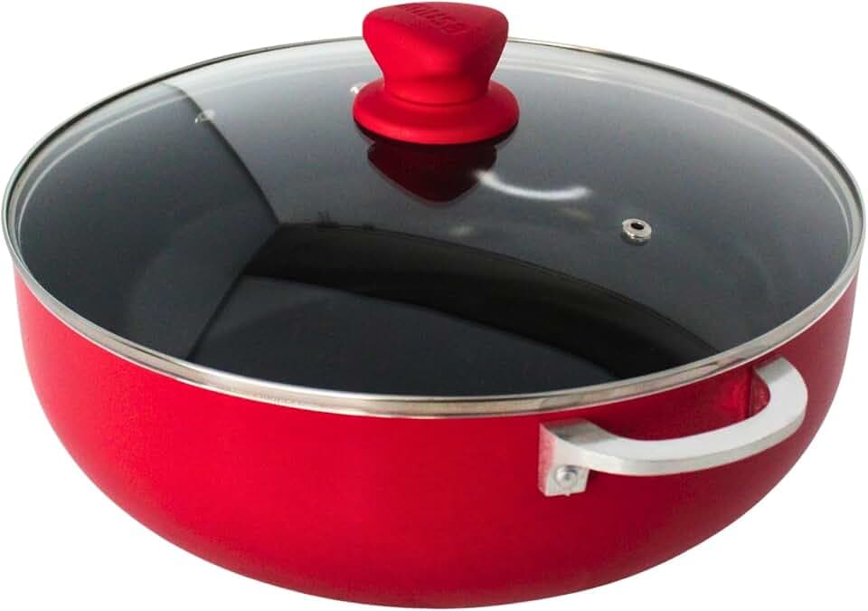 IMUSA 6.9 Qt Large Red Aluminum Dutch Oven Caldero with Black Ceramic Nonstick & Glass Lid – Big Rice, Stew, Cooking Pot for Soups, Beans, Braising & Traditional Hispanic Recipes