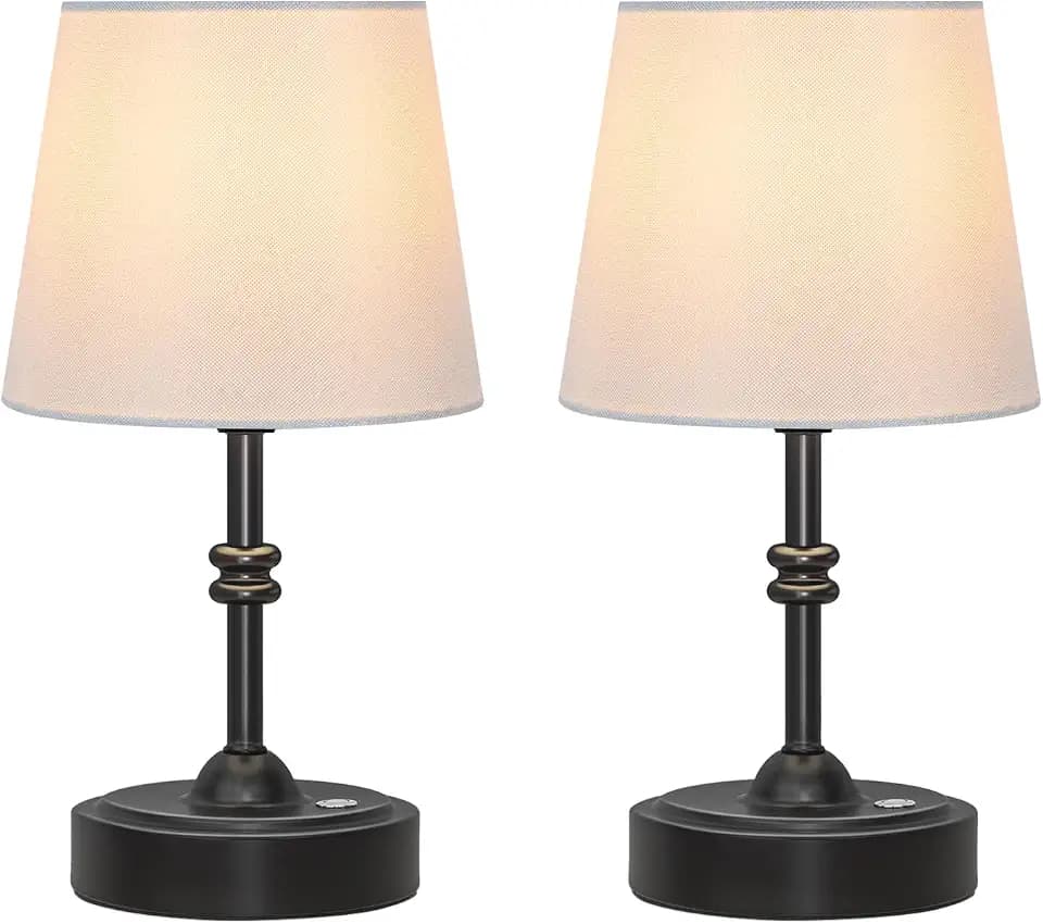 ONEWISH 2 Pack Small Cordless Lamp, Battery Operated Table lamp Dimmable, 4000mAh Rechargeable, Touch Bedside Lamp with White Fabric Shade, 2700K Bulb Included, for Dining, Patio, Bathroom(Black)