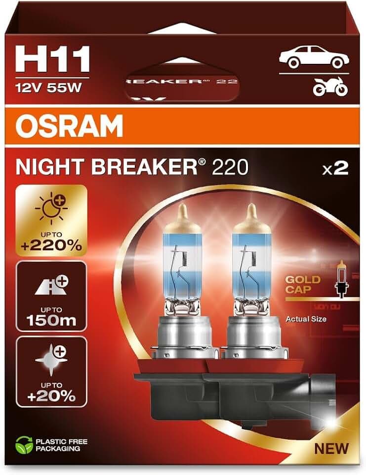 Osram NIGHT BREAKER 220, H11, +220% mehr Helligkeit, Halogen-Scheinwerferlampe, 64211NB220-2HB, Faltschachtel (2 Lampen)