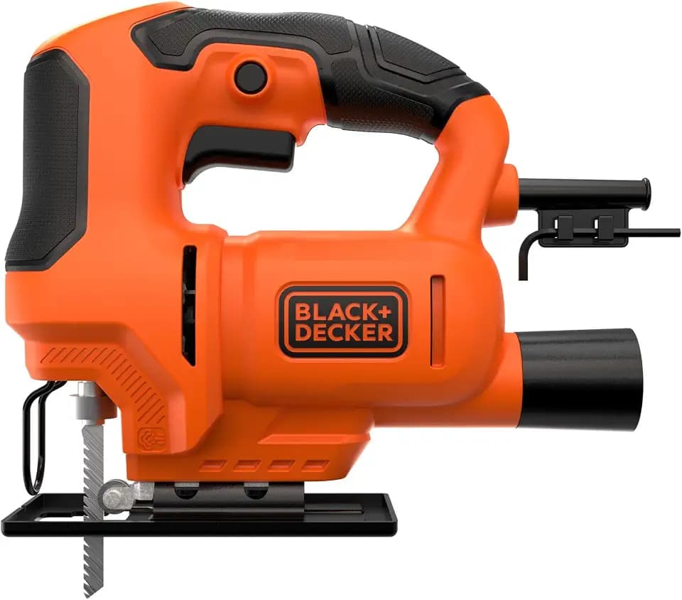 BLACK+DECKER 400W Stichsäge (kompakt und schlank, mit verstellbarem Sägeschuh, Gebläse und Feststellschalter, optimal für solide Gerad-, Kurven- und Gehrungsschnitte, inkl. Holzsägeblatt) BES602