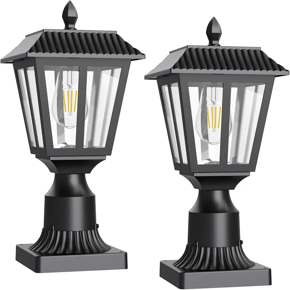 Greluna Solar Post Lamp Lights, 2 Pack 6000K Dusk to Dawn Solar Light with Pier Mount Base, Post Lights Outdoor Waterproof for Garden Yard Landscape Pole Pillar, Outside Decorative Lamp