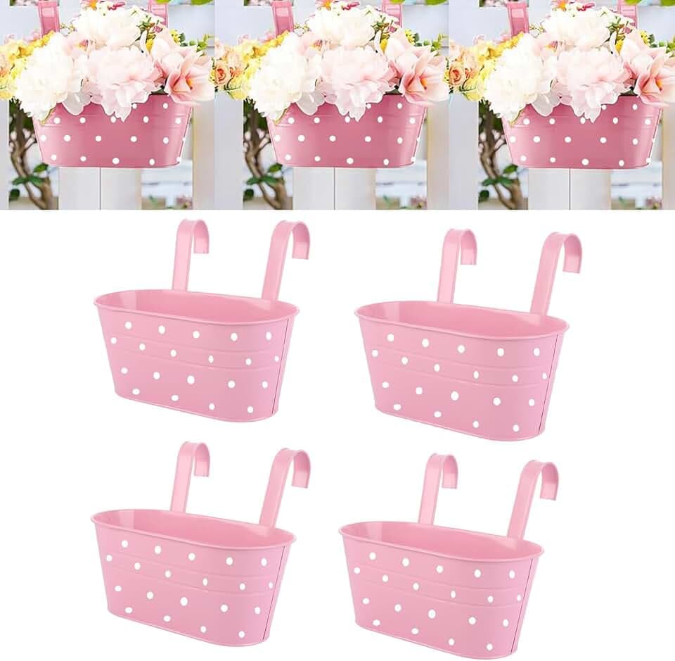 4 Stück Metall Eisen Geländer hängende Pflanzer mit Drainageloch Pflanze hängenden Eimer mit abnehmbaren Doppelhaken Oval Pflanzer für Garten Balkon Dekoration. (Rosa)