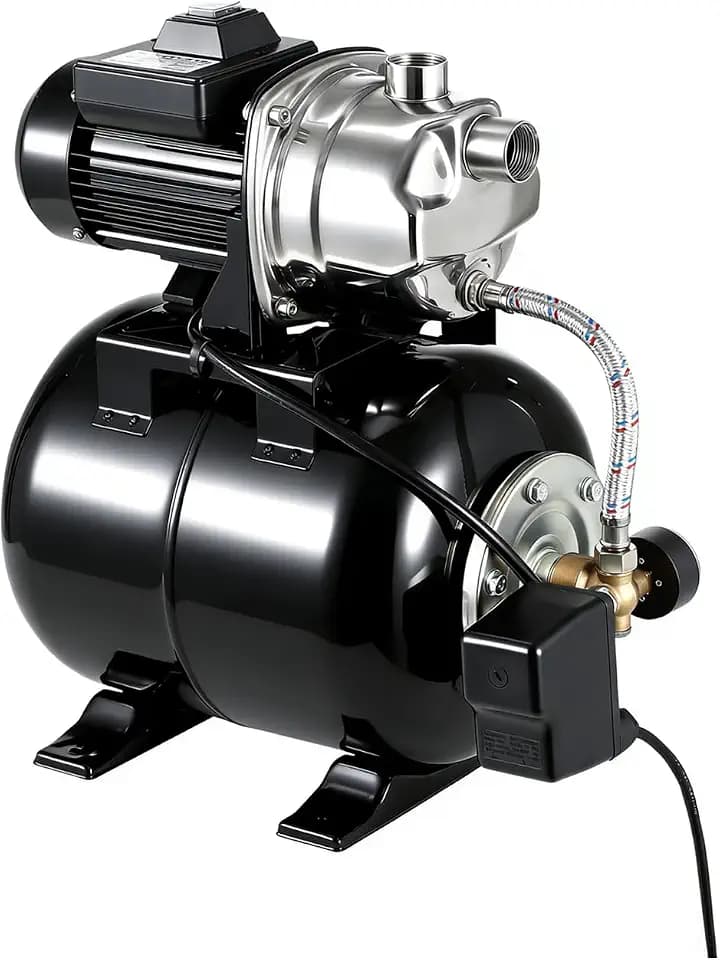 Powerful 1.6HP Shallow Well Pump with Pressure Tank, 1320GPH High Flow, 164ft Max Head, Stainless Steel Construction, Auto Pressure Switch - Ideal for Home/Farm/Garden/Yard Water Supply (Black)