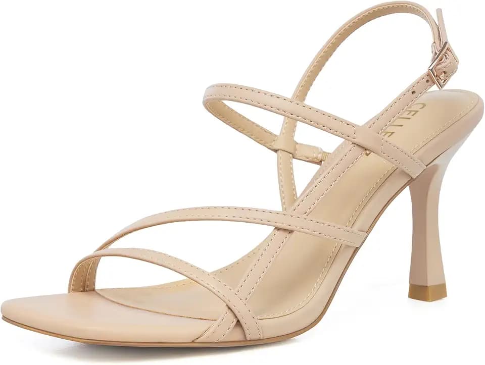 CELLENZ Women Strappy High Heels: Square Open Toe Slingback Sandals, Dressy Sexy Comfortable Kitten Heeled, Prom Party Wedding Black White Gold Nude