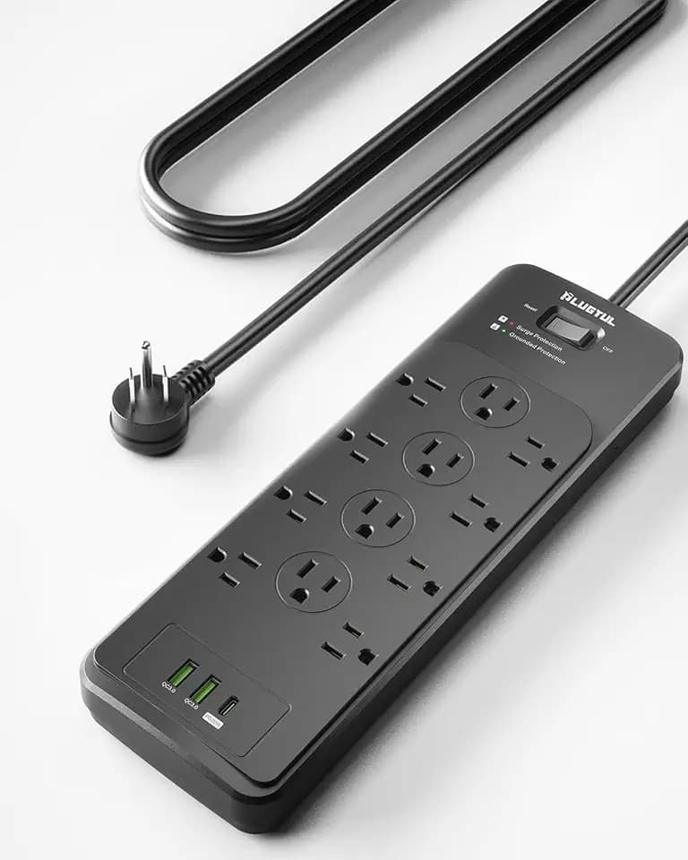PLUGTUL Surge Protector Power Strip 5FT | Black Surge Protector with 12 Outlets - Spacious Design for Large Plugs, Flat Plug, 4080J, 20W USB C Charging, ETL Listed