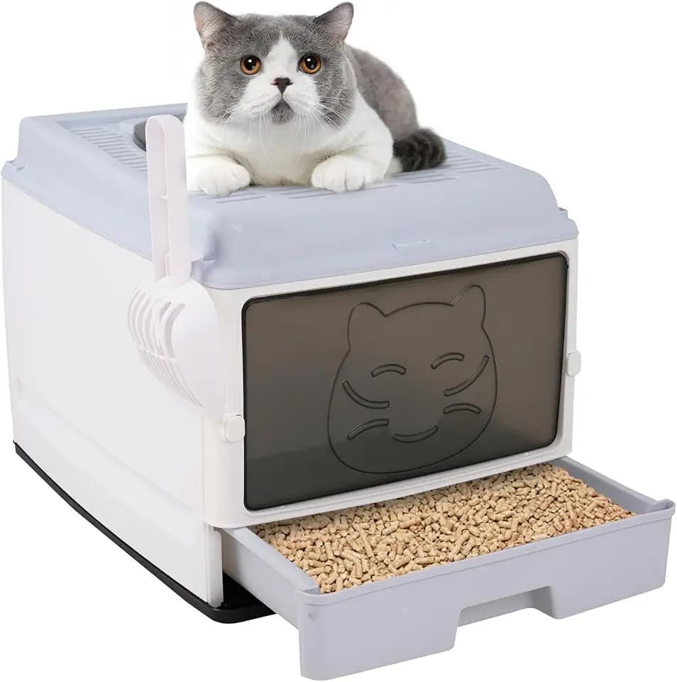 Katzentoilette mit Deckel, Faltbare Katzentoilette mit ausziehbares Tablett, Schaufel, geräumig für Katzen bis 15 kg