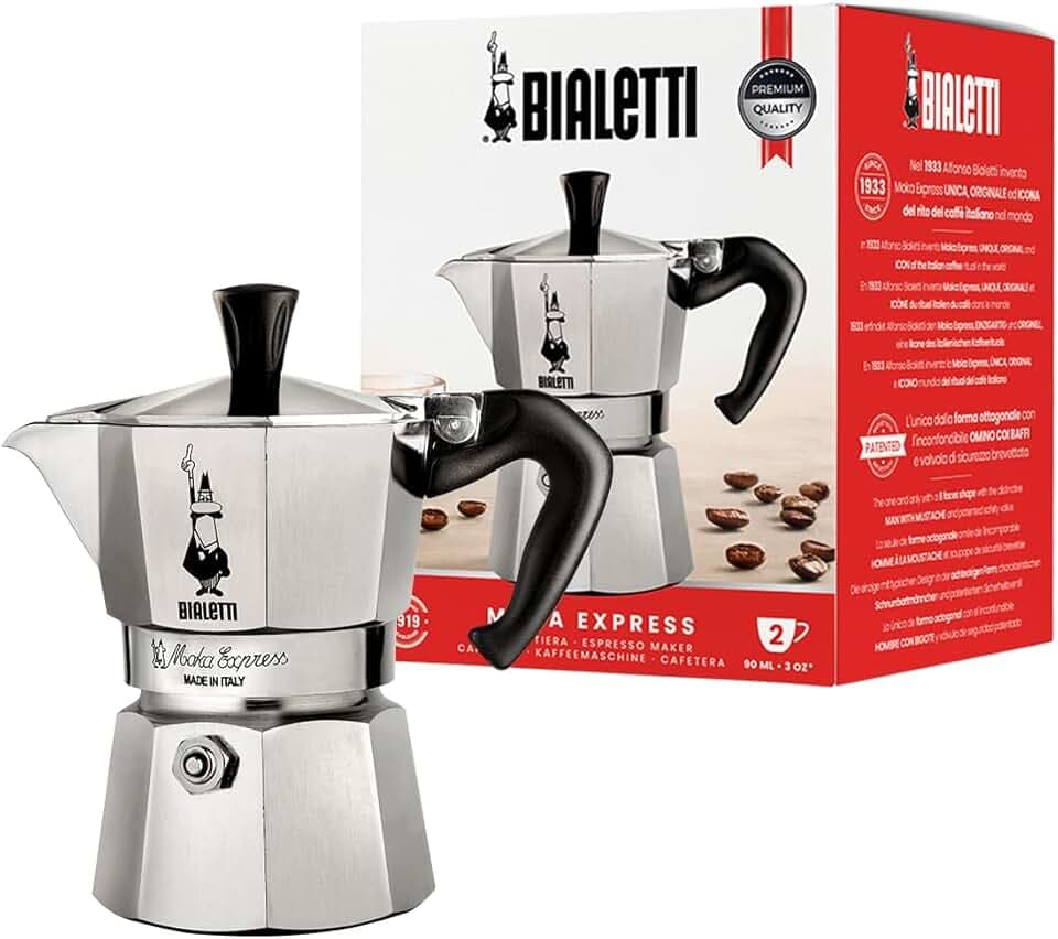 Bialetti - Moka Express: Ikonische Espressomaschine für die Herdplatte, Nicht-Induktion, Moka-Kanne 2 Tassen (90 ml), Aluminium, Silber