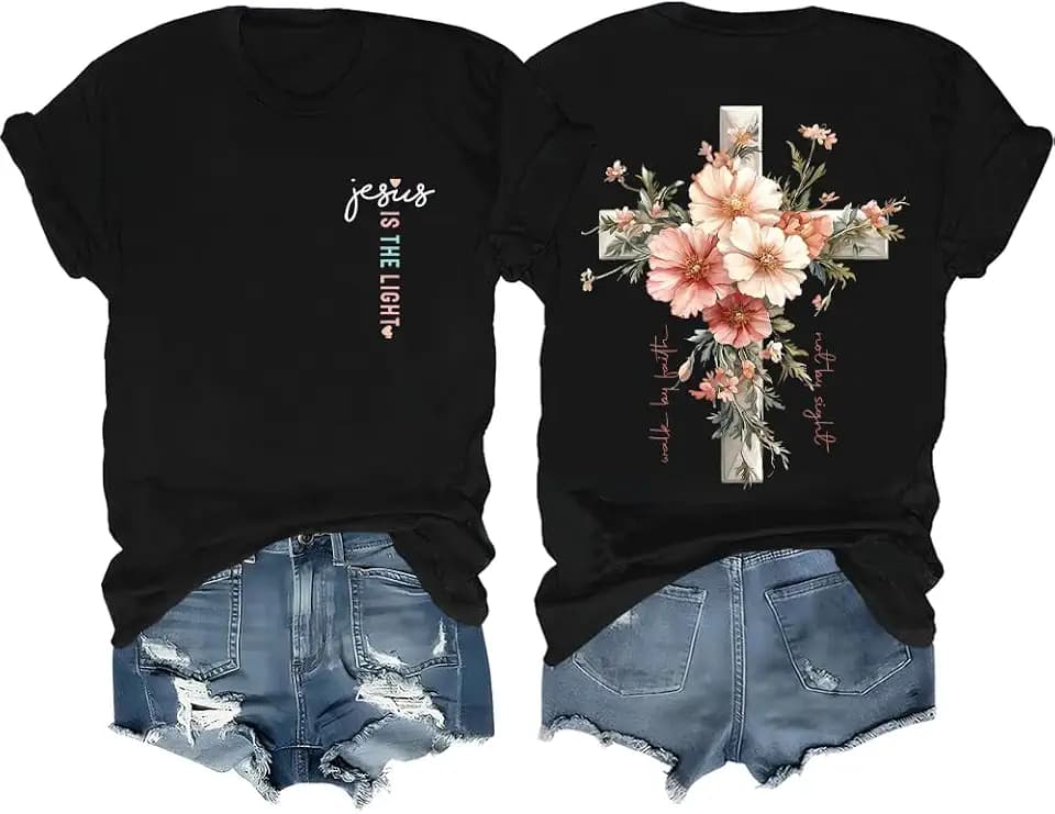 Faith Cross Christian T-Shirt with Boho Floral Cross Print Short Sleeve Casual Graphic Tee for Women
