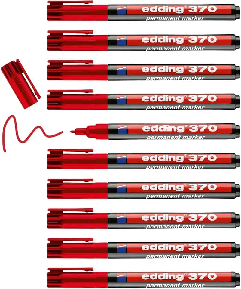edding 370 Permanentmarker - rot - 10 Stifte - feine Rundspitze 1 mm - wasserfest, schnell-trocknend - Multimarker, Universalstift - für Karton, Kunststoff, Holz, Metall, Glas, Stein, Leinwand