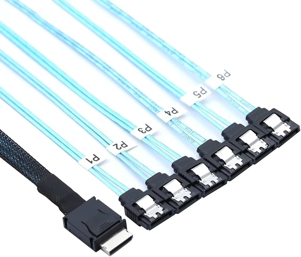 PCIe Oculink SFF-8611 4i to 6X SATA 7P Female Cable – 12Gbps High Speed Server Hard Drive Converter Cable, 32AWG Low-Loss Wire (0.5M)