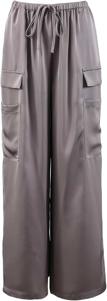 Amazhiyu Cargohose für Damen, hohe Taille, weites Bein, seidiger Satin, Cargohose, elastische Taille, Loungehose mit Taschen, Streetwear